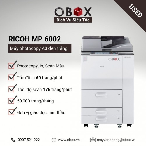 Thuê máy photocopy, in đa năng đen trắng A3 RICOH MP 6002, công suất trên 30,000 trang/tháng - USED